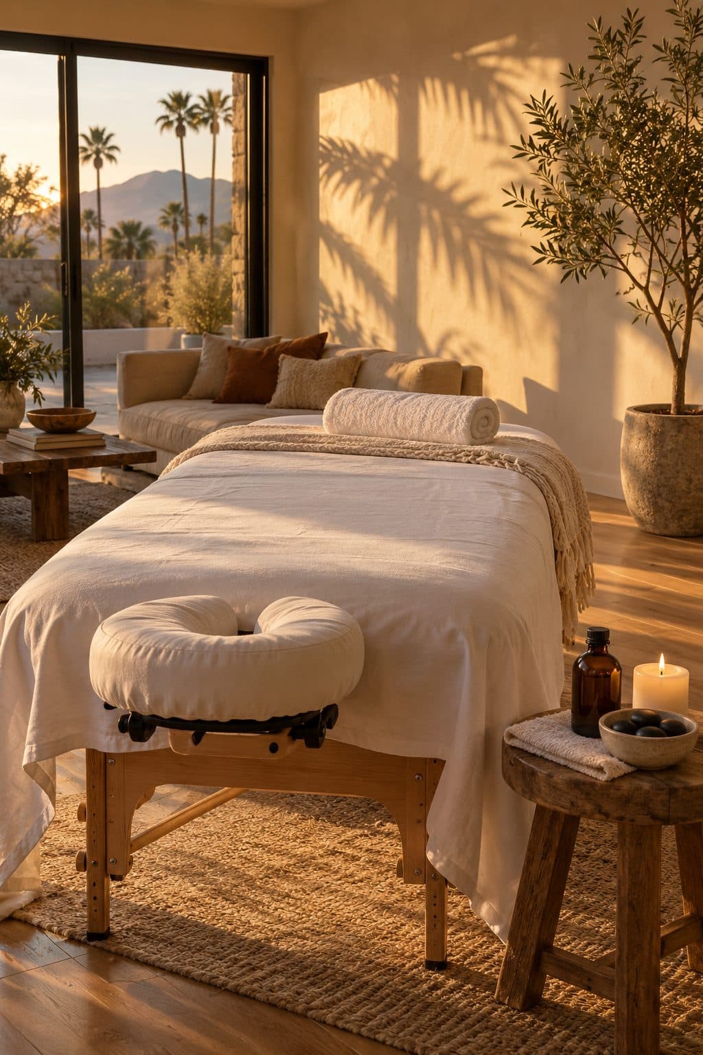 Massage table set up in a living room at golden hour