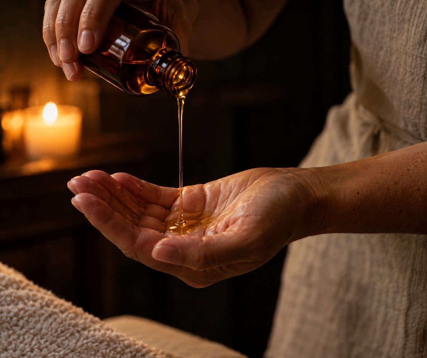 Massage oil poured into a therapist's palm