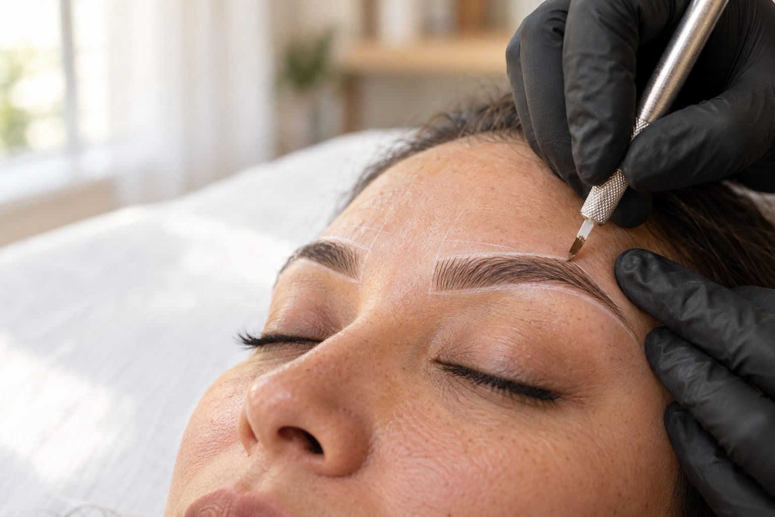 Illustration: microblading strokes being drawn inside brow mapping lines