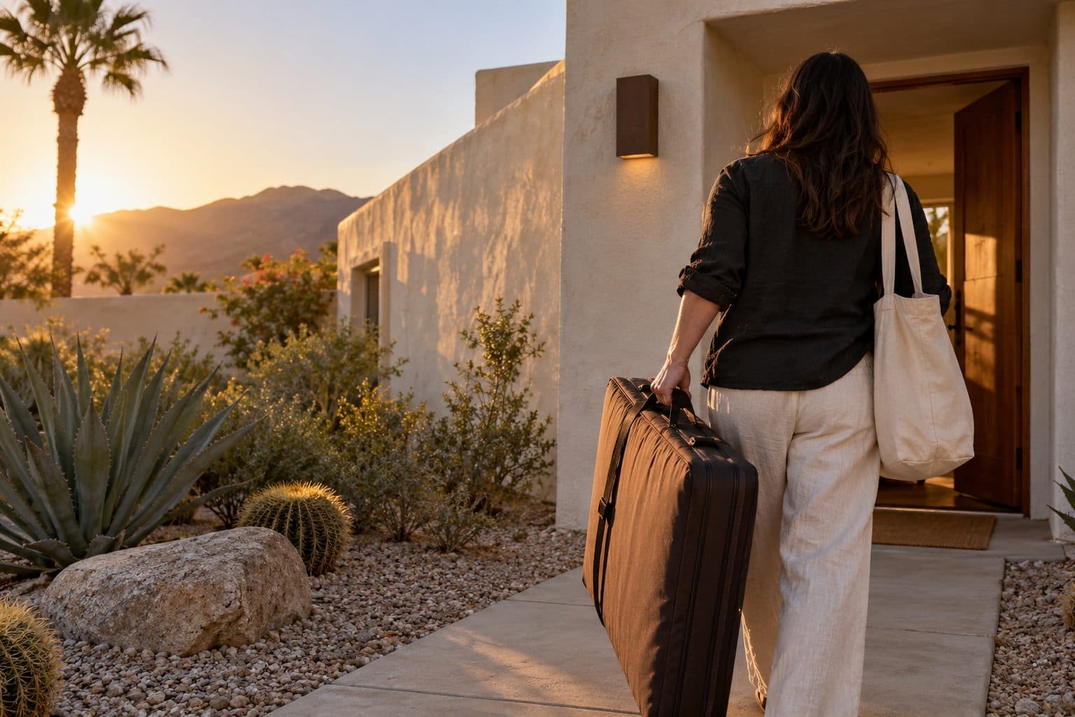 Therapist arriving at a home with a folded massage table